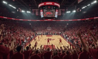 Razorbacks clinch 2025 win at Bud Walton Arena—fans erupt, confetti falls, and court glows in high-energy Arkansas basketball moment.
