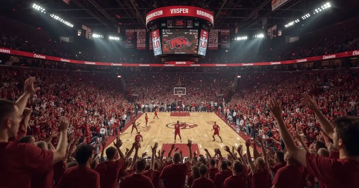 Razorbacks clinch 2025 win at Bud Walton Arena—fans erupt, confetti falls, and court glows in high-energy Arkansas basketball moment.