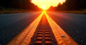 A captivating low-angle view of a highway at sunset, where the vibrant orange glow of the sun emphasizes the prominent rumble strips, visually answering the question: What’s a Rumble Device Designed to Do? They alert drivers through vibration, especially visible here bathed in warm light.