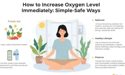 An informative infographic visually demonstrates how to increase oxygen level immediately through simple and safe methods, featuring a person meditating amidst plants, and highlighting fresh air, healthy lifestyle, and good posture.