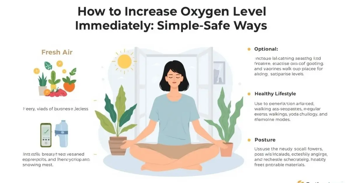 An informative infographic visually demonstrates how to increase oxygen level immediately through simple and safe methods, featuring a person meditating amidst plants, and highlighting fresh air, healthy lifestyle, and good posture.