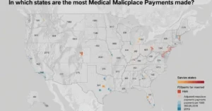 A map of the United States titled "In which states are the most Medical Malpractice Payments made?" showing numerical values within each state, representing medical malpractice payouts by state. Some states are highlighted with red, and blue markers indicate specific locations with adjusted payments per 1000 in 2015. A legend provides categories for the colors and markers, though some text is truncated.