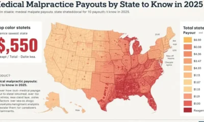 A heat map of the United States visually representing medical malpractice payouts by state in 2025. States are shaded from light to dark red, indicating lower to higher payout amounts, with a legend detailing payout ranges from $1.00 to $6.93. A prominent callout on the left highlights a figure of $5,550, likely related to top payout states.