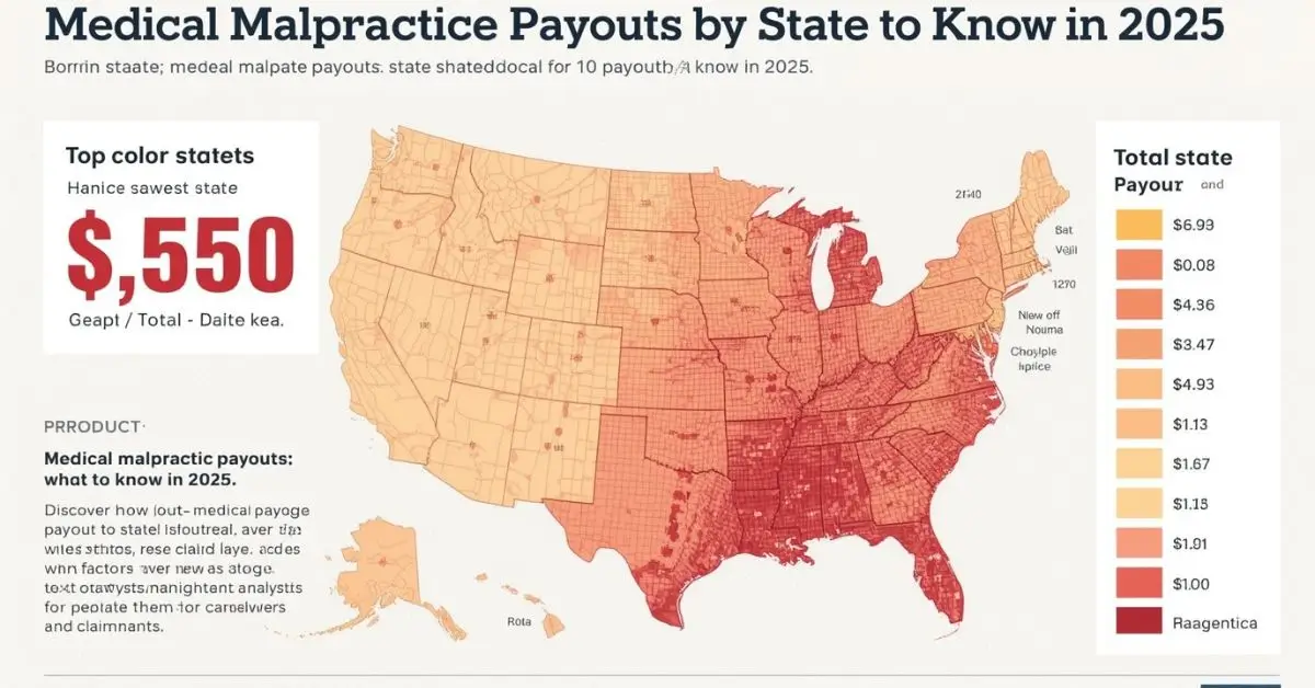 A heat map of the United States visually representing medical malpractice payouts by state in 2025. States are shaded from light to dark red, indicating lower to higher payout amounts, with a legend detailing payout ranges from $1.00 to $6.93. A prominent callout on the left highlights a figure of $5,550, likely related to top payout states.