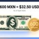 600 pesos to dollars